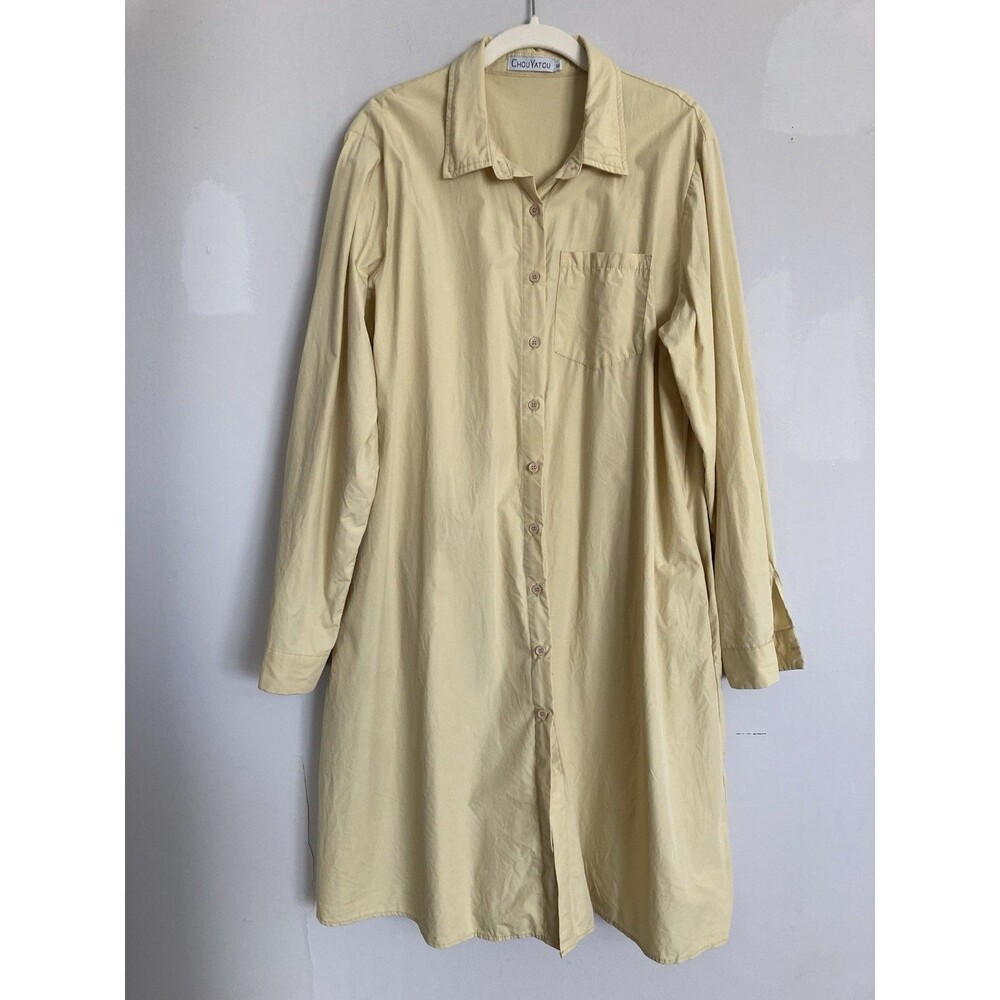 ChaoYatou A-line Shirt Dress XL Pale Yellow 100% Cotton Pockets
